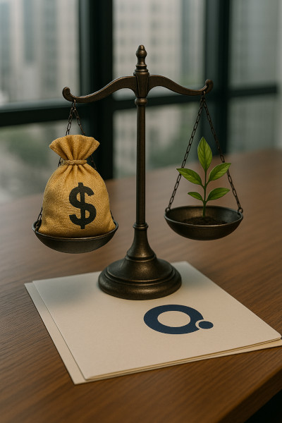A balance with one big coins bag in one side and a plant branch in the other balancing each other