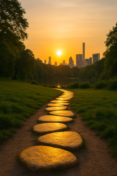 A golden stone path following to the sun in the horizon